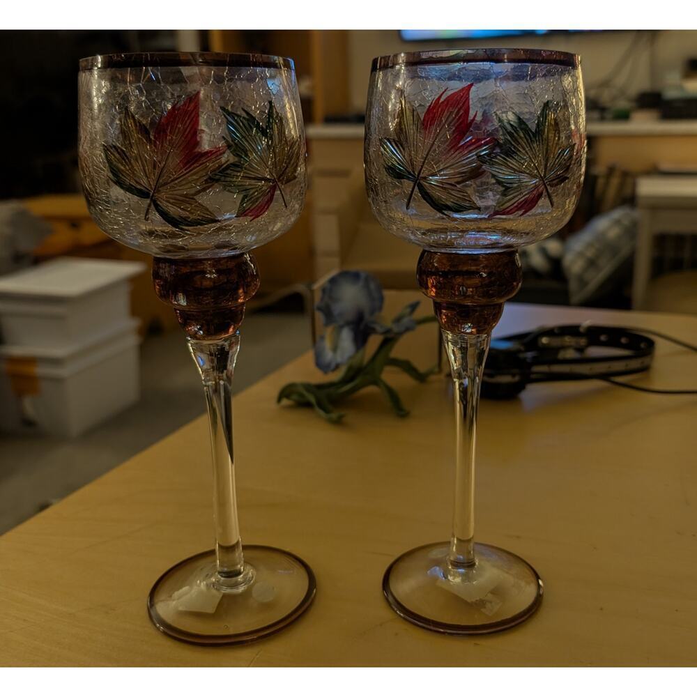 ♥️Pair of Yankee Candle Cracked Maple Leaf Stemmed Glasses